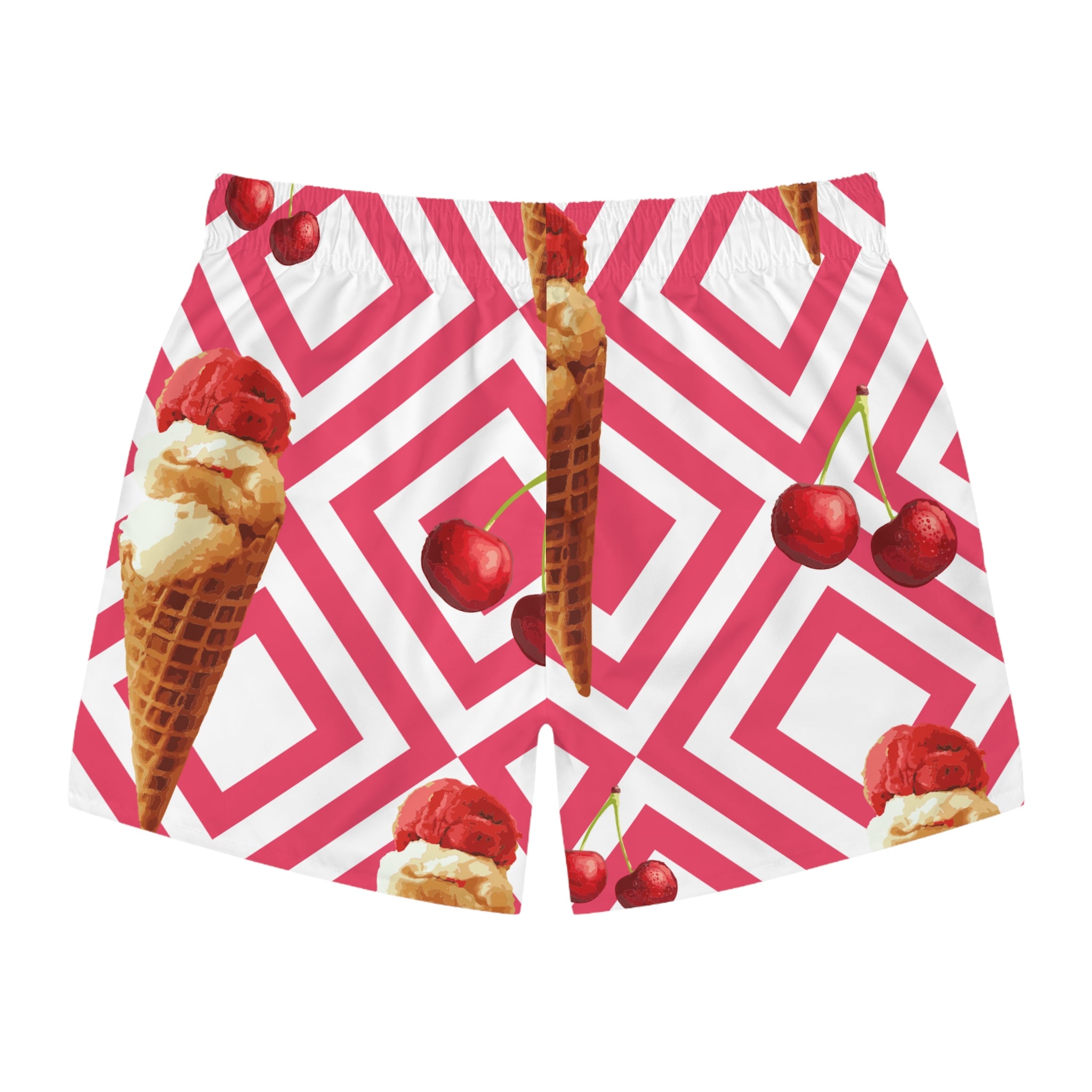 Cherry Ice Cream Swim Trunks — Retro Pink Geometric AOP