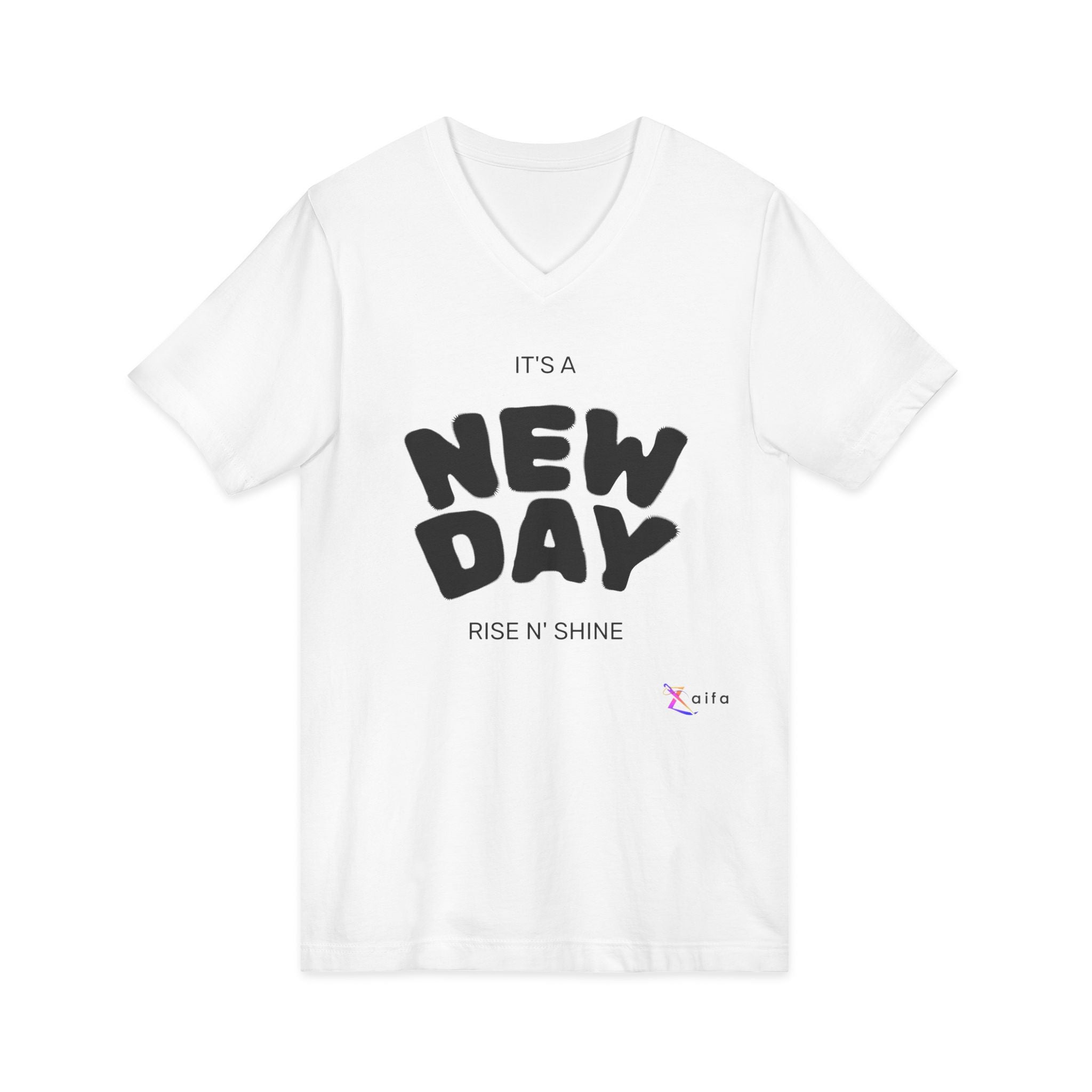 V-Neck Tee — "It's a New Day" Inspirational Graphic Shirt