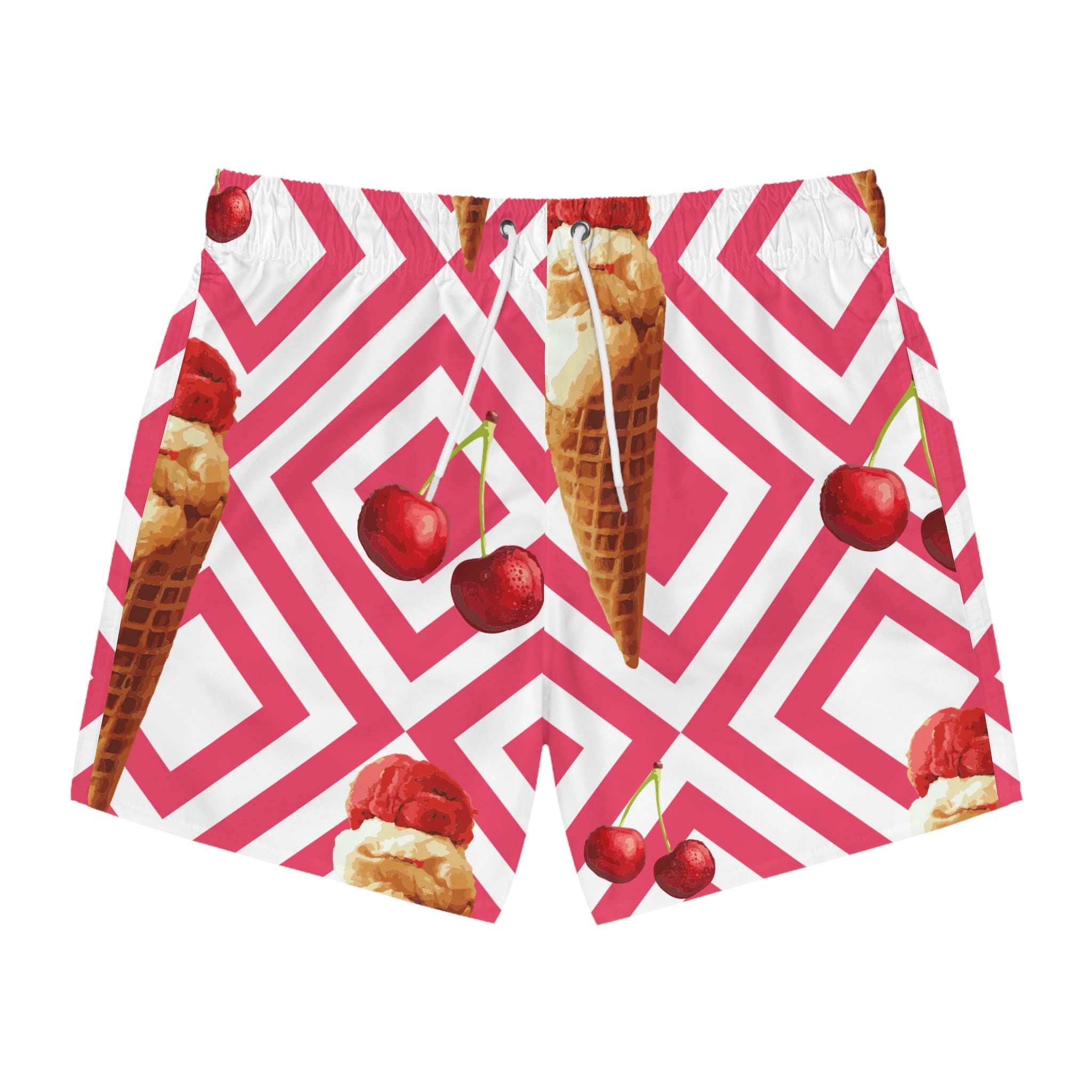 Cherry Ice Cream Swim Trunks — Retro Pink Geometric AOP