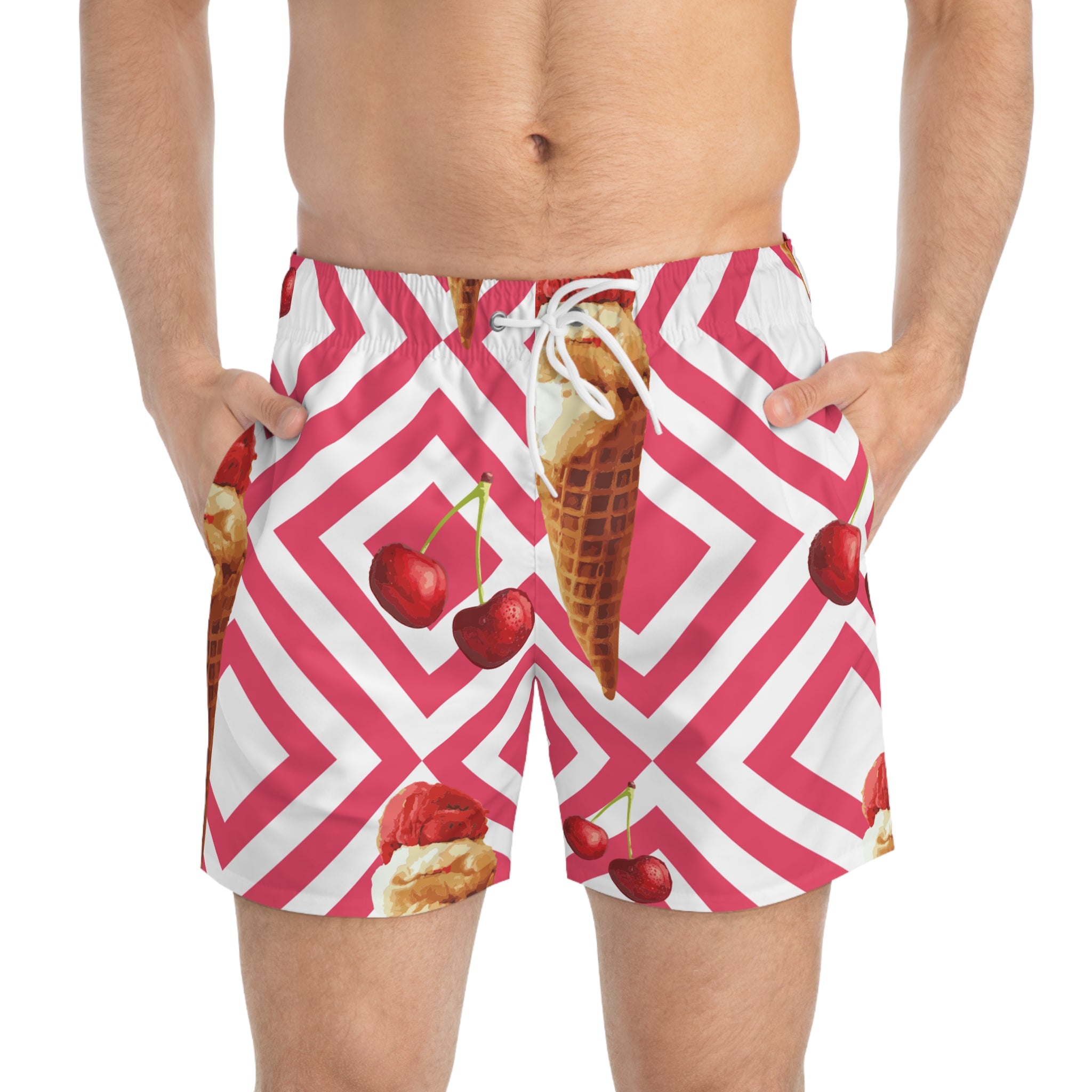 Cherry Ice Cream Swim Trunks — Retro Pink Geometric AOP